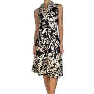 H&M Black White Sleeveless Midi Dress Belt Collar 100% Linen Sz 12 Work Vacation